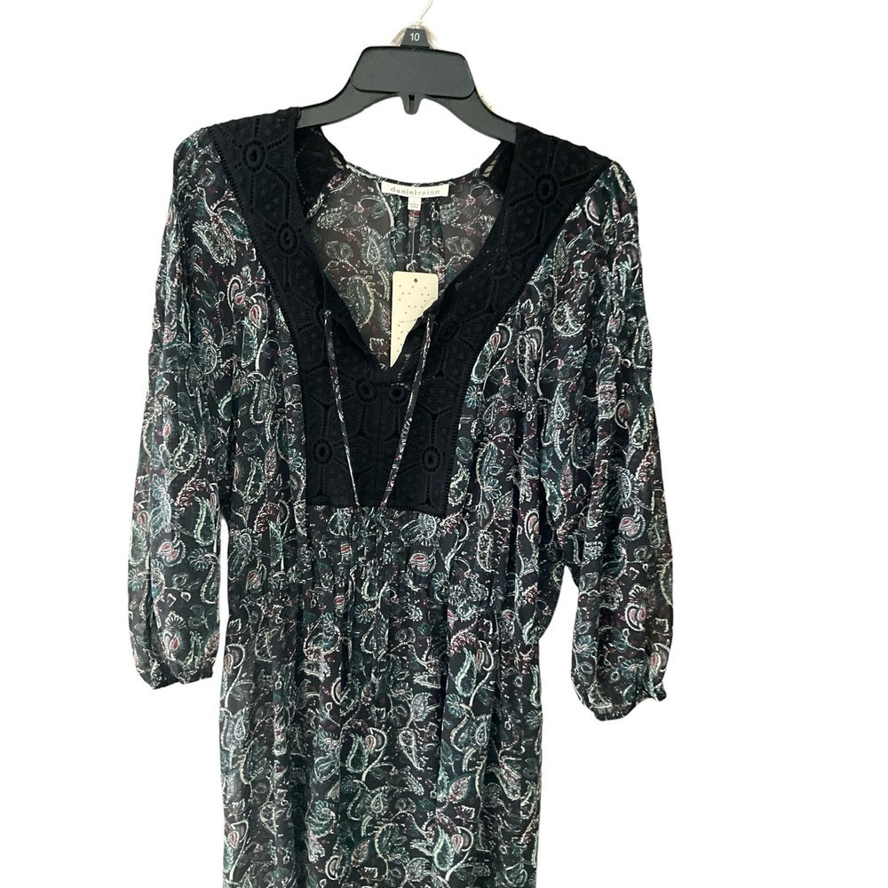 Daniel Rain Maxi Dress Women's Size M Black Paisley Long Sleeve V-Neck Polyester - Picture 3 of 7